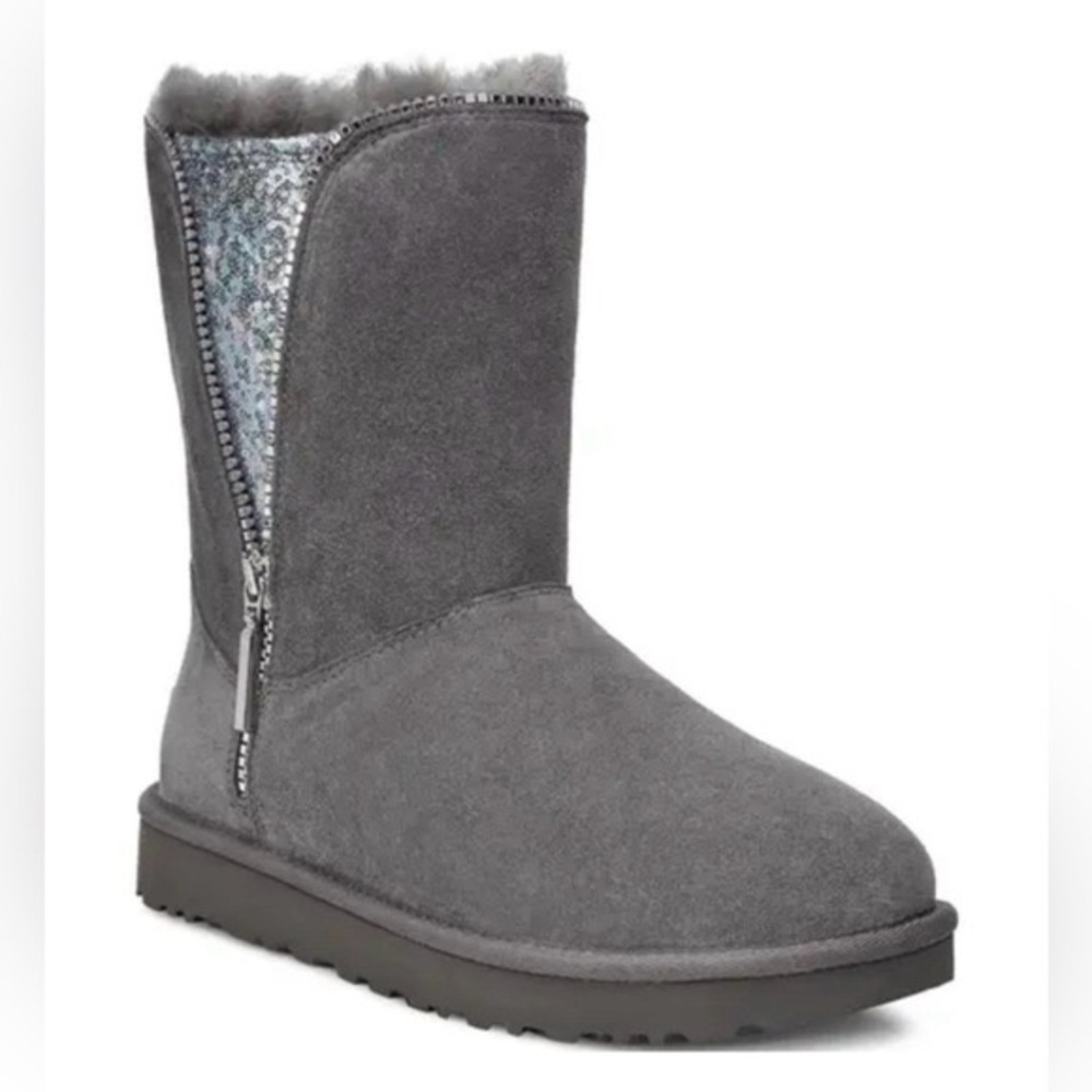 UGG Swarovski Crystal Zip Gray Sheepskin Boots Women 8 Winter - Picture 2 of 12